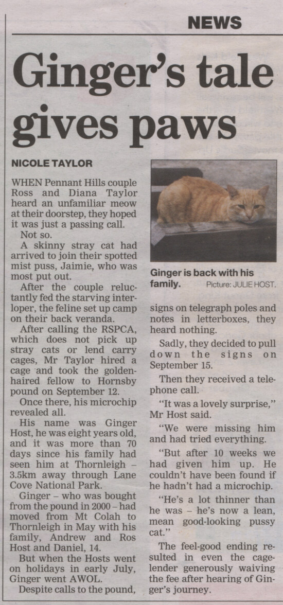 An article about Ginger in the Hornsby Advocate. An article about Ginger in the Hornsby Advocate.